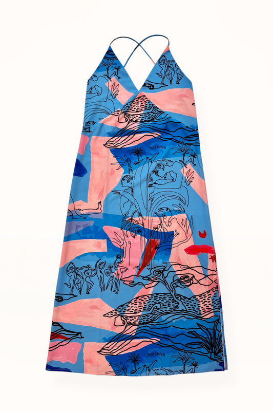 TIE BACK MAXI DRESS - "EDEN PRINT" | BLUE & PINK