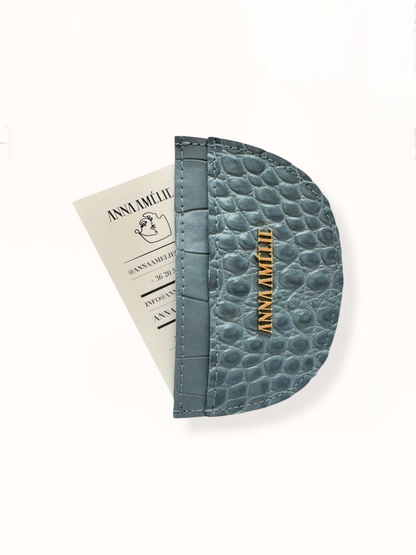ROUNDED CARD HOLDER - GREY-BLUE CROC EMBOSSED LEATHER